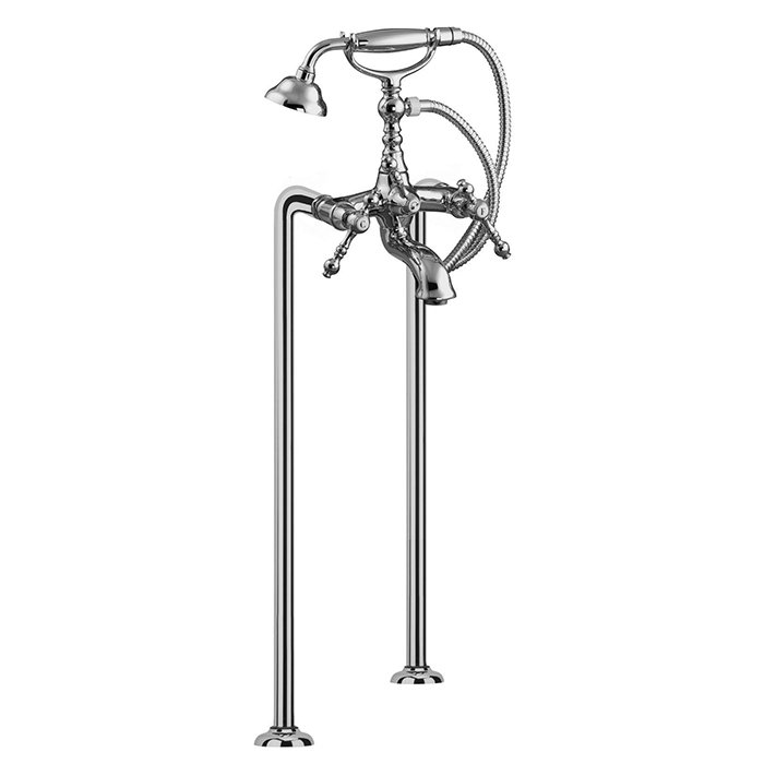 Floor mounted bath tap on risers with shower set