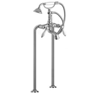 Floor mounted bath tap on risers with shower set