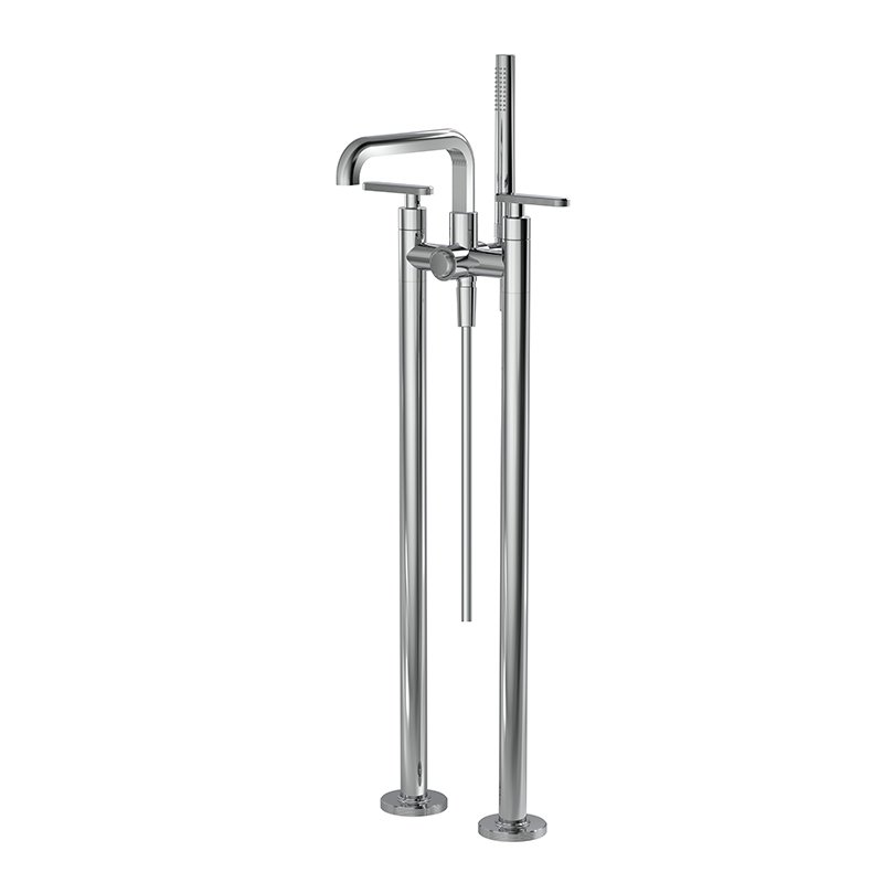Floor mounted bath tap on risers with shower set