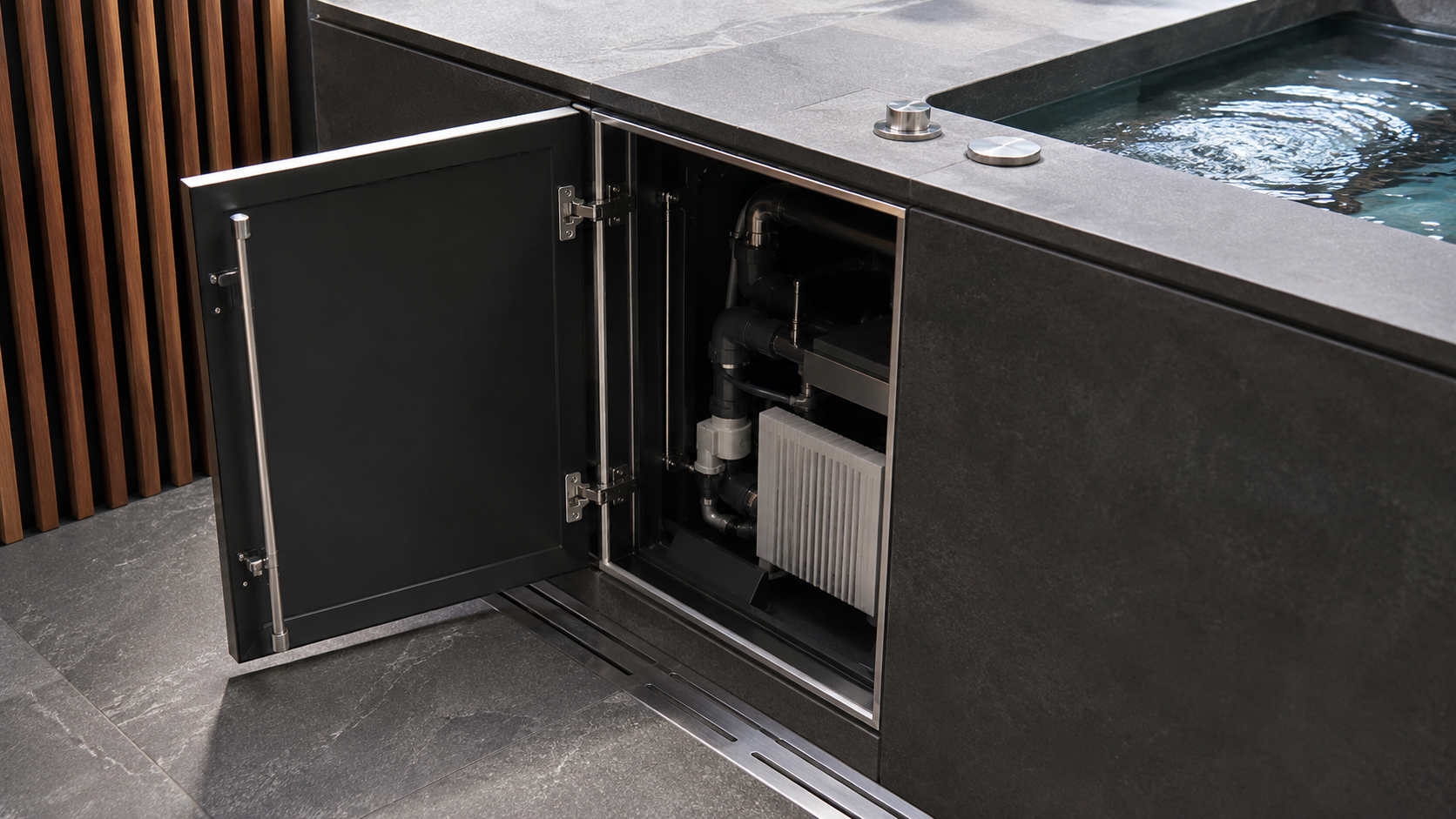 Close-up detail of cold plunge installation finish and surround